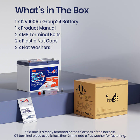 package content of Timeusb 12V 100Ah Group24 LiFePO4 battery