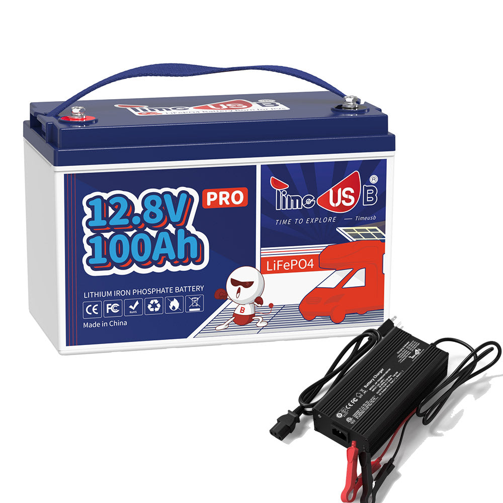 Timeusb 12V 100Ah Pro LiFePO4 Lithium Deep Cycle Battery with 12v lithium ion battery charger 10A 