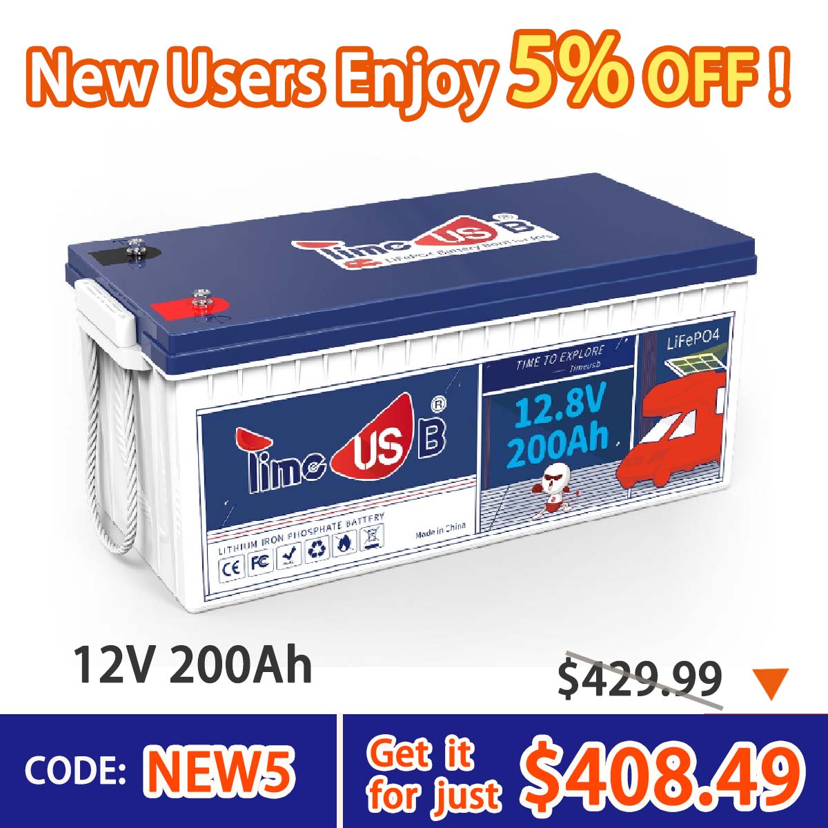 Timeusb 12V 200Ah LiFePO4 Battery, 2560Wh & 100A BMS