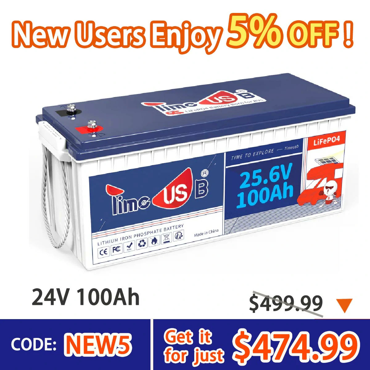 Timeusb 24V 100Ah LiFePO4 Battery, 2560Wh & 100A BMS