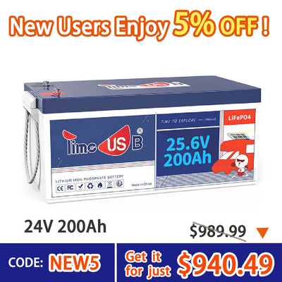Timeusb 24V 200Ah LiFePO4 Battery, 5120Wh & 200A BMS