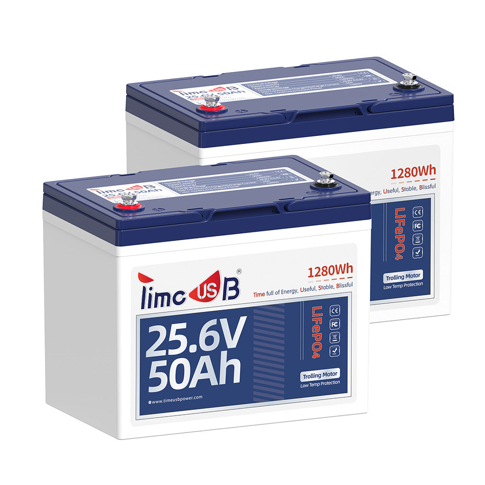 2 Pack Timeusb 24V 50Ah Lithium Trolling Motor Battery with Low-Temperature Protection