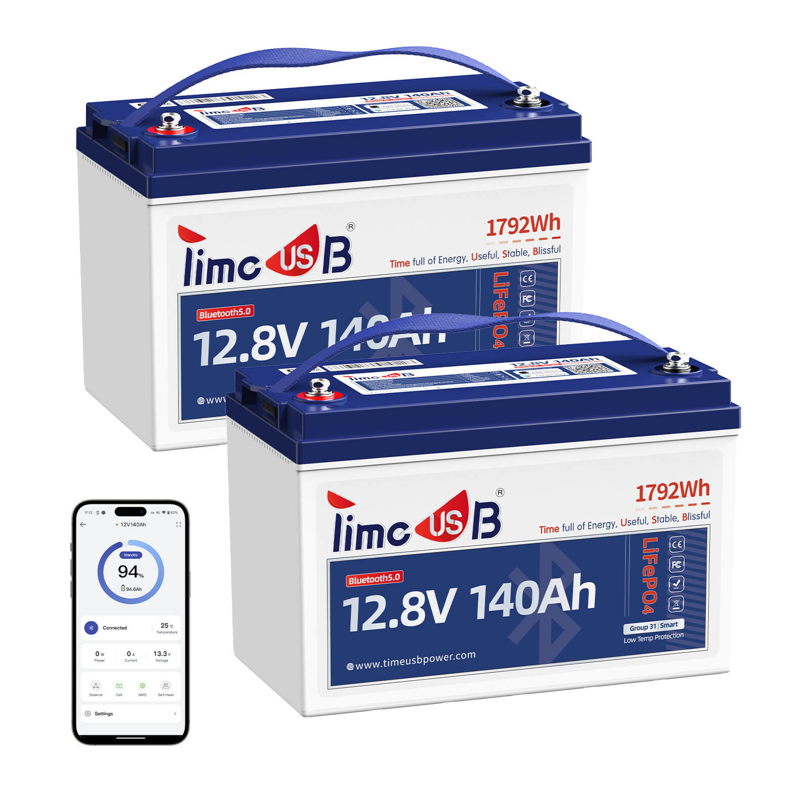 Smart Rv Battery Timeusb 12V 140Ah Smart LiFePO4 RV Battery with Bluetooth and Low-Temp