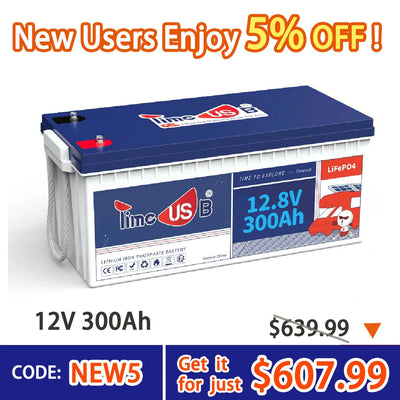 Timeusb 12V 300Ah LiFePO4 Battery, 3840 Wh & 200A BMS