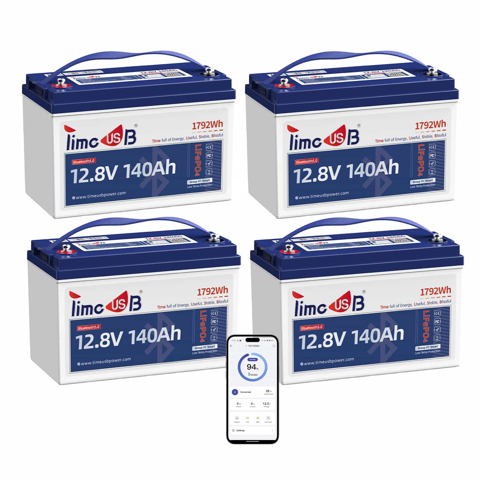 Smart Rv Battery Timeusb 12V 140Ah Smart LiFePO4 RV Battery with Bluetooth and Low-Temp