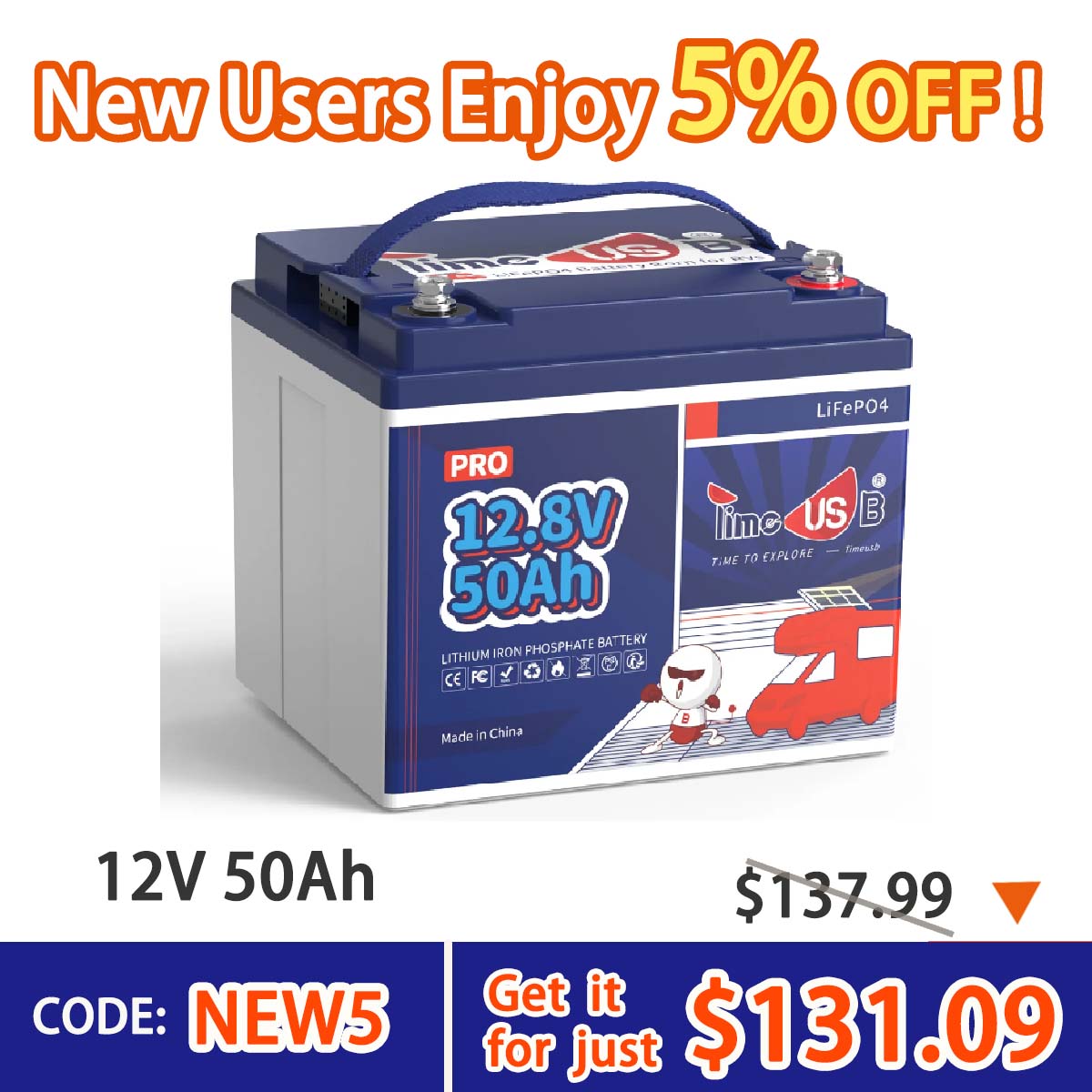 Timeusb 12V 50Ah LiFePO4  Battery| 640Wh & 640W | 50A BMS