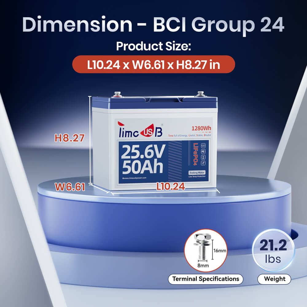 Dimension info of Timeusb 24V 50Ah LiFePO4 trolling motor battery