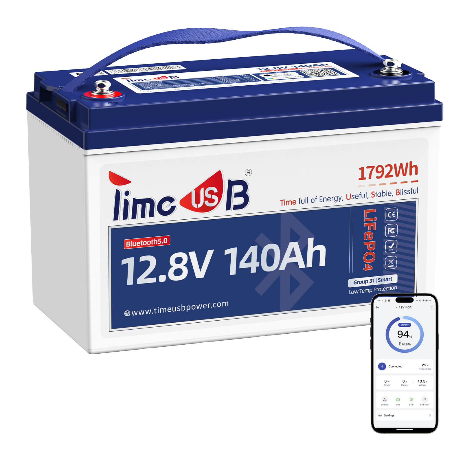 Smart Rv Battery Timeusb 12V 140Ah Smart LiFePO4 RV Battery with Bluetooth and Low-Temp