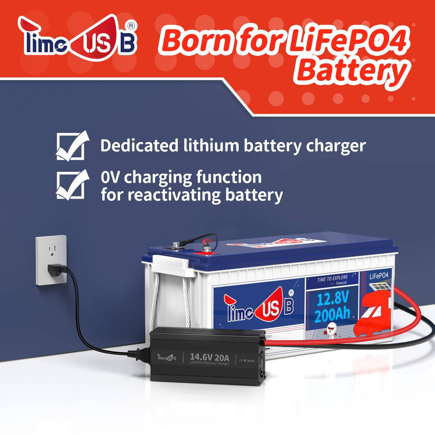 Timeusb 14.6V 20A Fast Charging LiFePO4 Battery Charger