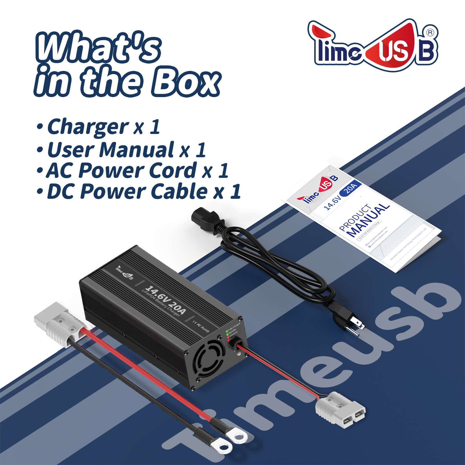 what is in the Timeusb 14.6V 20A Fast Charging LiFePO4 Battery Charger box