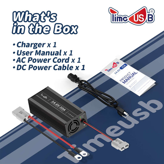 what is in the Timeusb 14.6V 20A Fast Charging LiFePO4 Battery Charger box
