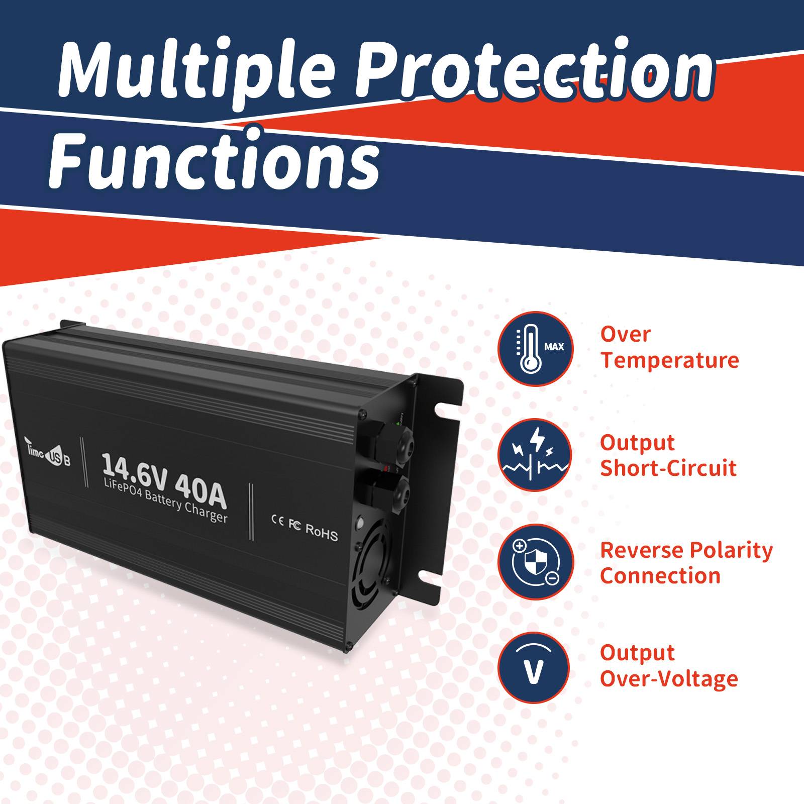 Timeusb 14.6V 40A Fast Charging LiFePO4 Battery Charger multiple protection functions
