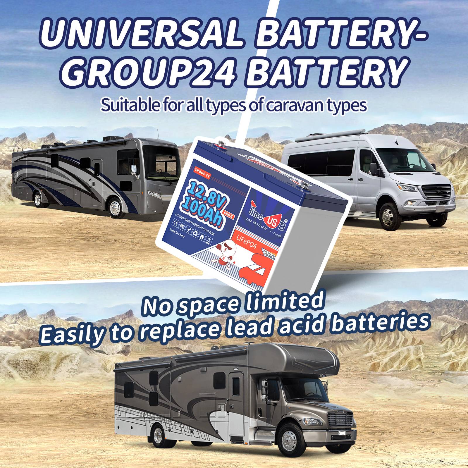 Timeusb 12V 100Ah Group 24 LiFePO4 RV Battery