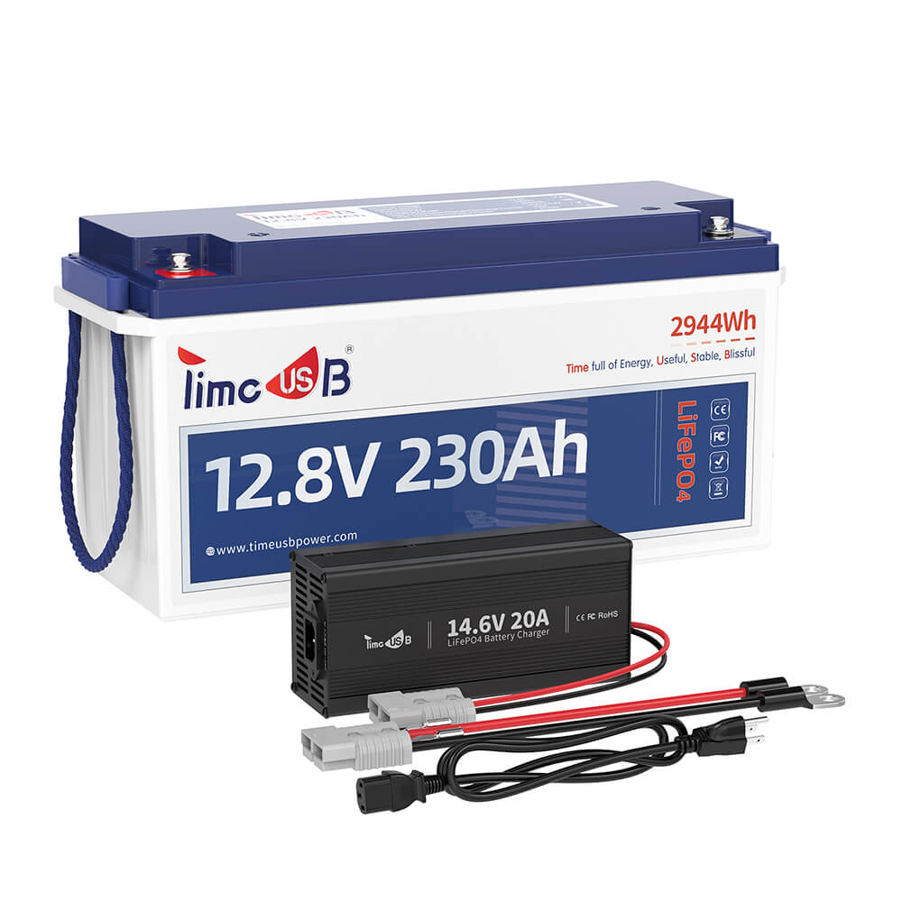 Timeusb 12V 230Ah LiFePO4 battery with 14.6V 20A battery charger