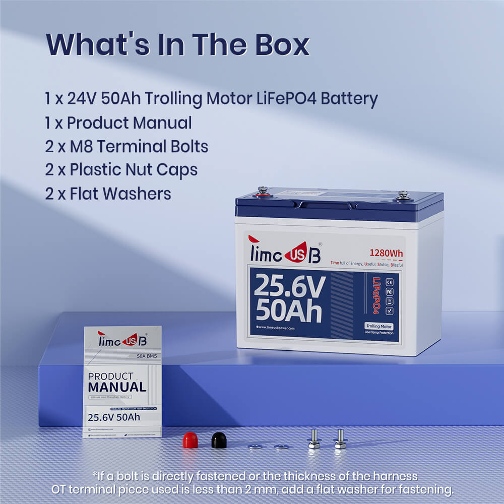 package content of Timeusb 24V 50Ah LiFePO4 trolling motor battery