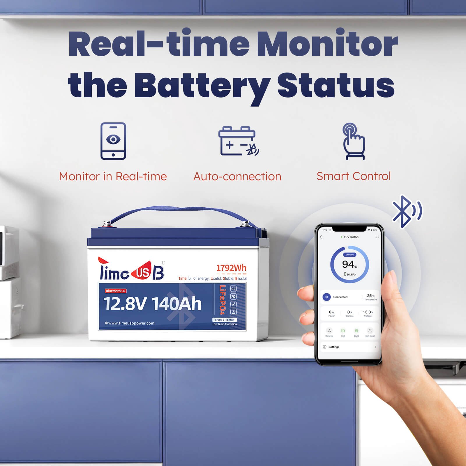 Smart Rv Battery Timeusb 12V 140Ah Smart LiFePO4 RV Battery with Bluetooth and Low-Temp