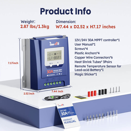 size, dimensions, weight, package content of Timeusb 12V24V 30A MPPT solar charge controller