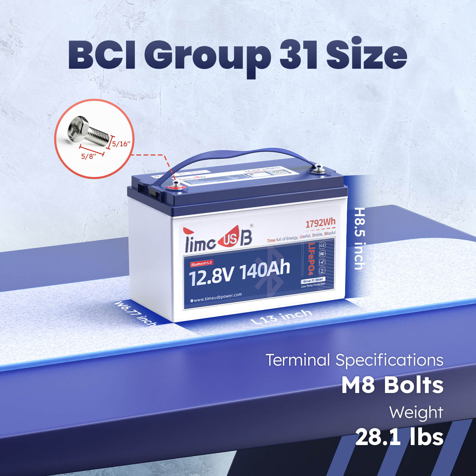 size, dimensions and weight of Timeusb 12V 140Ah smart bluetooth lithium battery