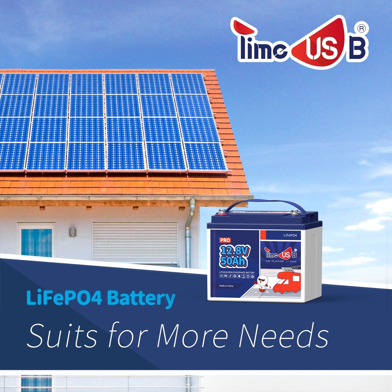 Timeusb 12V 50Ah LiFePO4  Battery| 640Wh & 640W | 50A BMS
