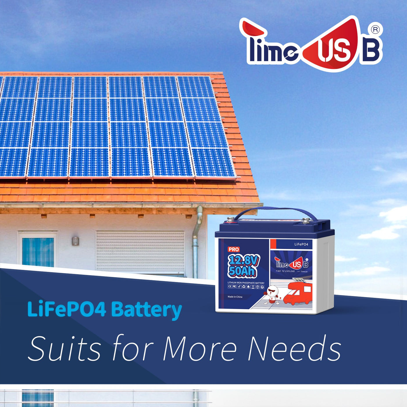 Timeusb 12V 50Ah LiFePO4  Battery| 640Wh & 640W | 50A BMS