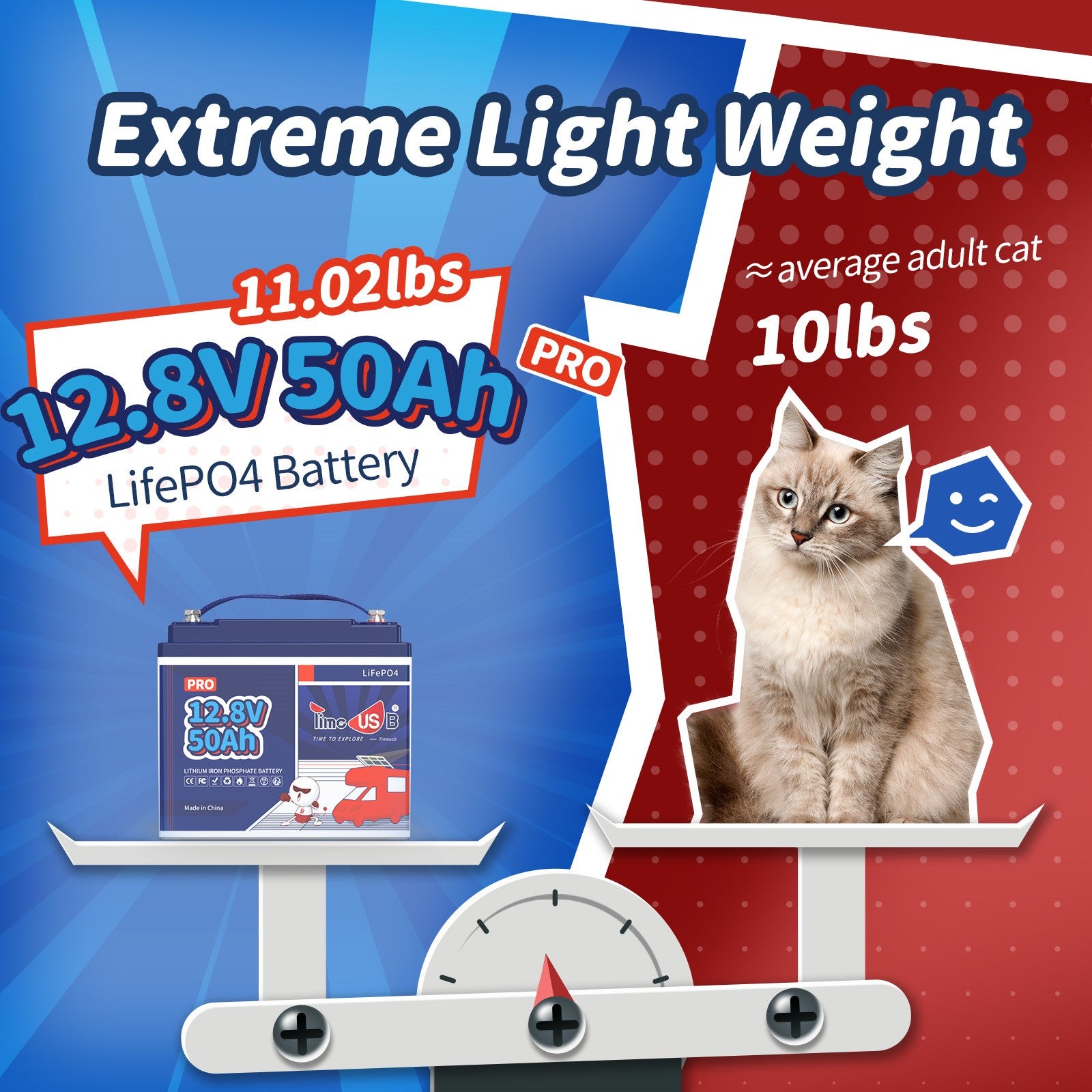 Timeusb 12V 50Ah LiFePO4  Battery| 640Wh & 640W | 50A BMS