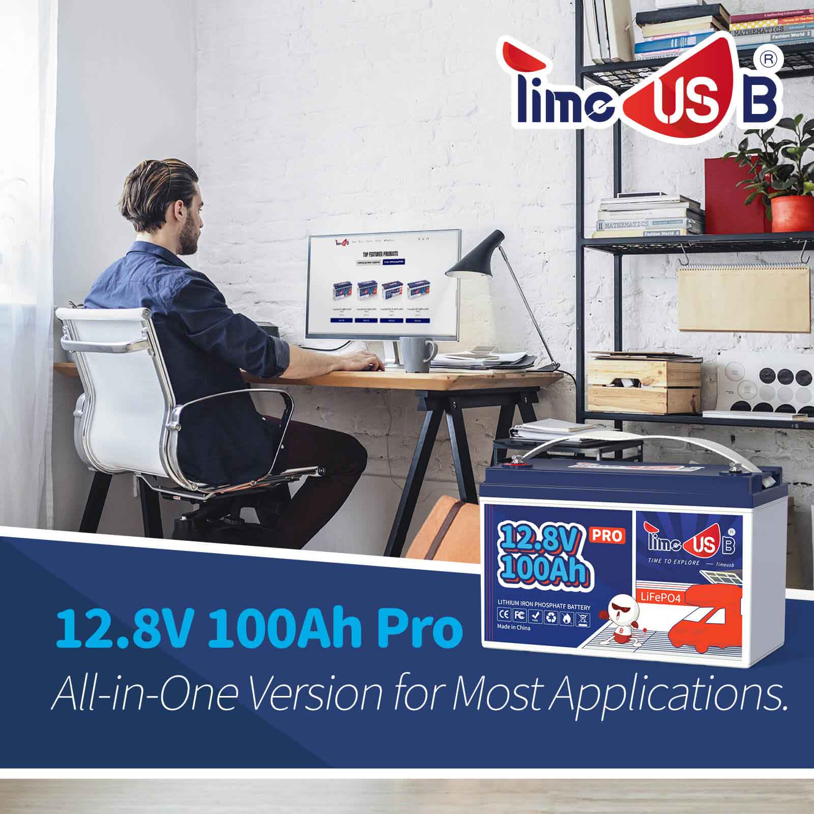 Timeusb 12V 100Ah Pro LiFePO4 Battery, 1280Wh & 100A BMS