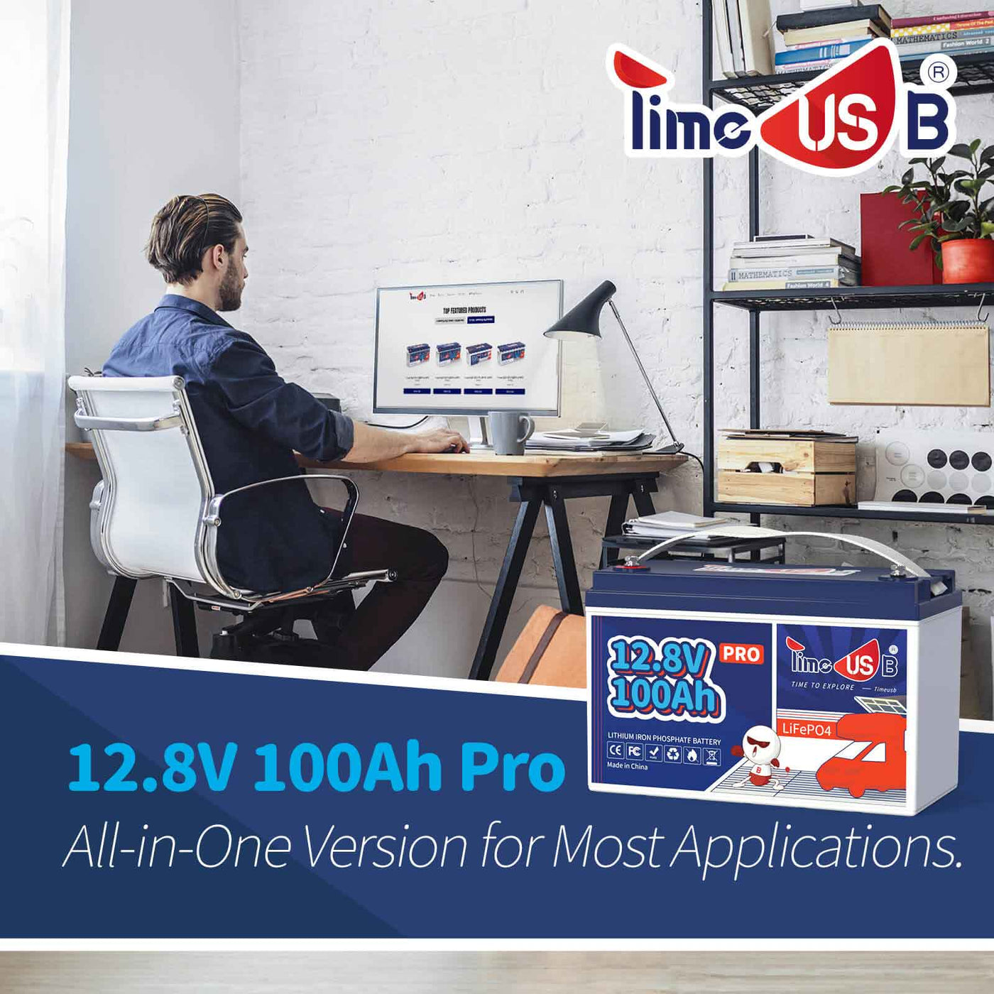 Timeusb 12.8V 100Ah Pro 1280Wh LiFePO4 Battery Built-in 100A BMS