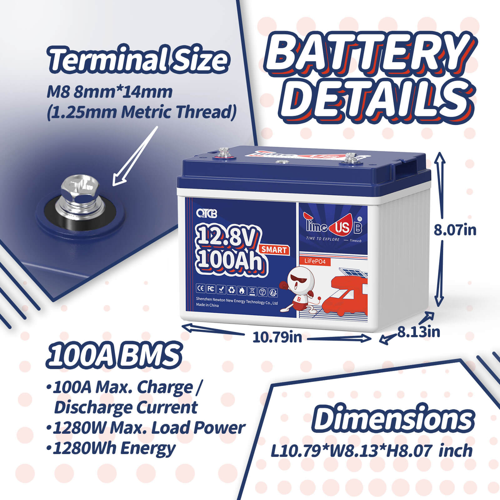 Timeusb 12V 100Ah Smart LiFePO4 Battery | 1.28kWh & 1.28kW | 100A BMS