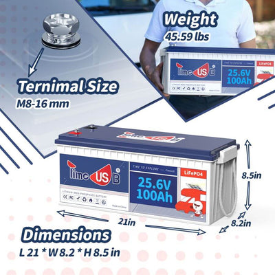 Timeusb 24V 100Ah LiFePO4 Battery | 2.56kWh & 2.56kW | 100A BMS